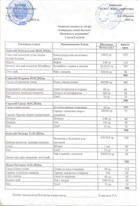 08.01.2024-12.01.2024 аралығында ас мәзірі