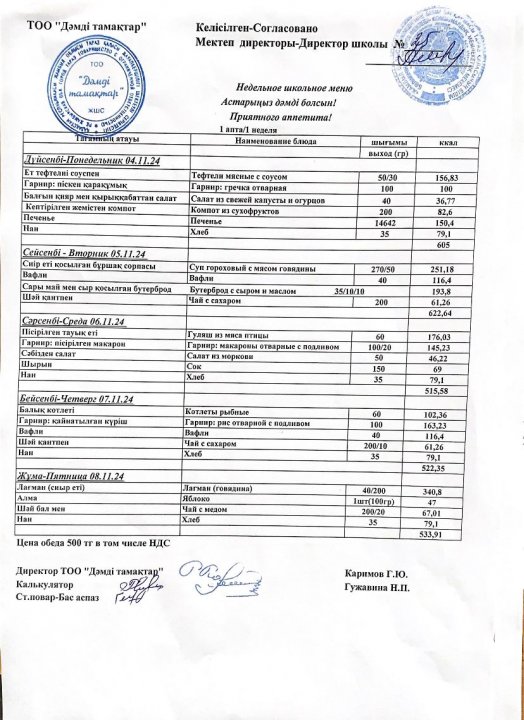 04.11.2024 - 08.11.2024 аралығындағы ас мәзірі